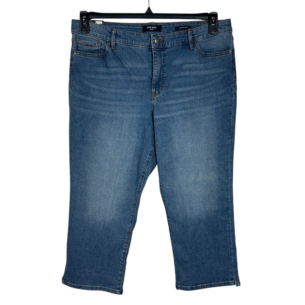 Nine West SZ 16 Chrystie Jeans Capris Stretch Hi-Rise Pockets Slits Zip-Fly Blue